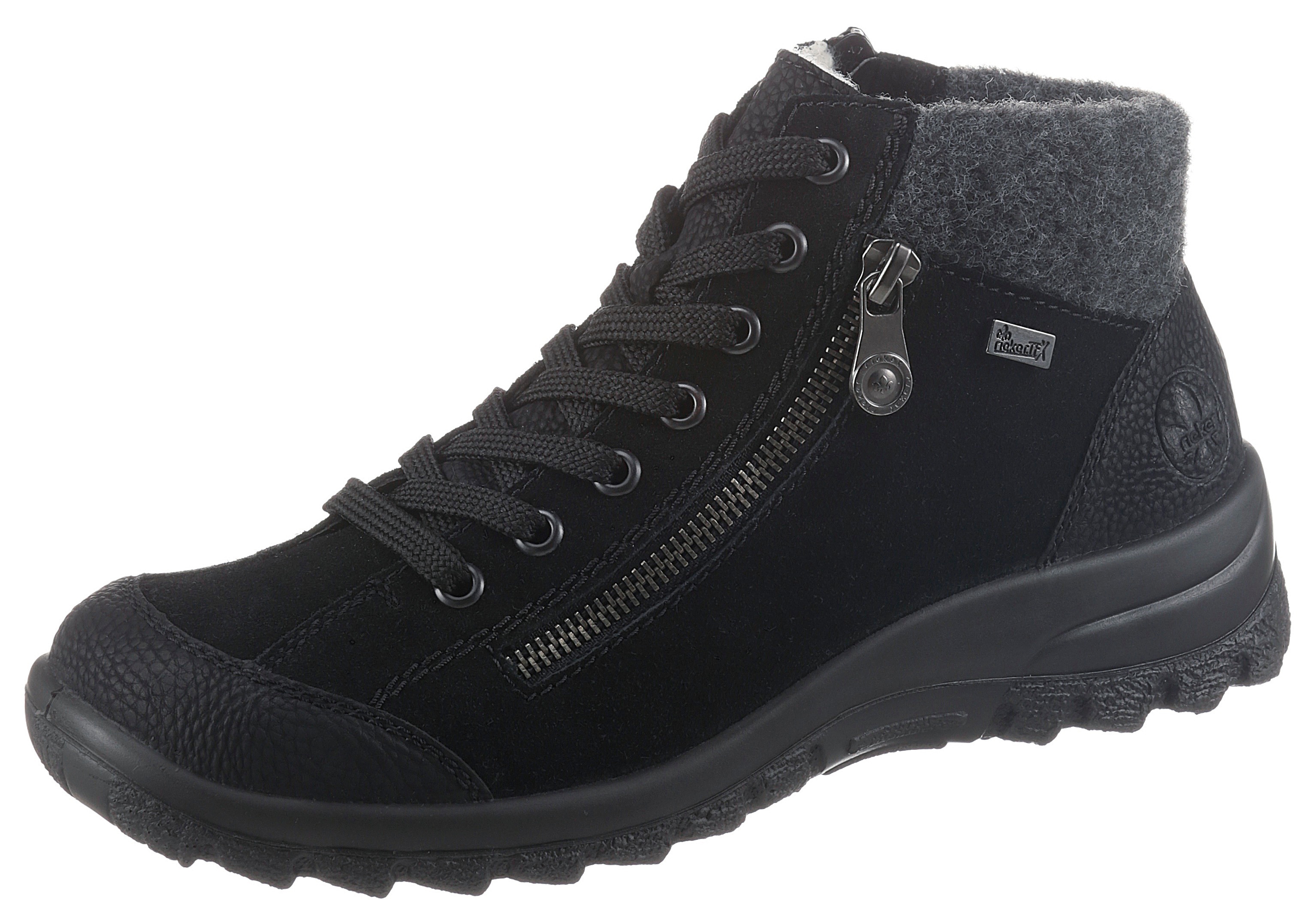 Winterboots RIEKER, Damen, Gr. 38, schwarz, Filz, Nubuklederimitat, Veloursleder, kontrastfarbene Details, Schuhe Winterboots, Outdoorboots, Winterstiefelette mit Filz-Schaftabschluss, Rieker TEX, Topseller