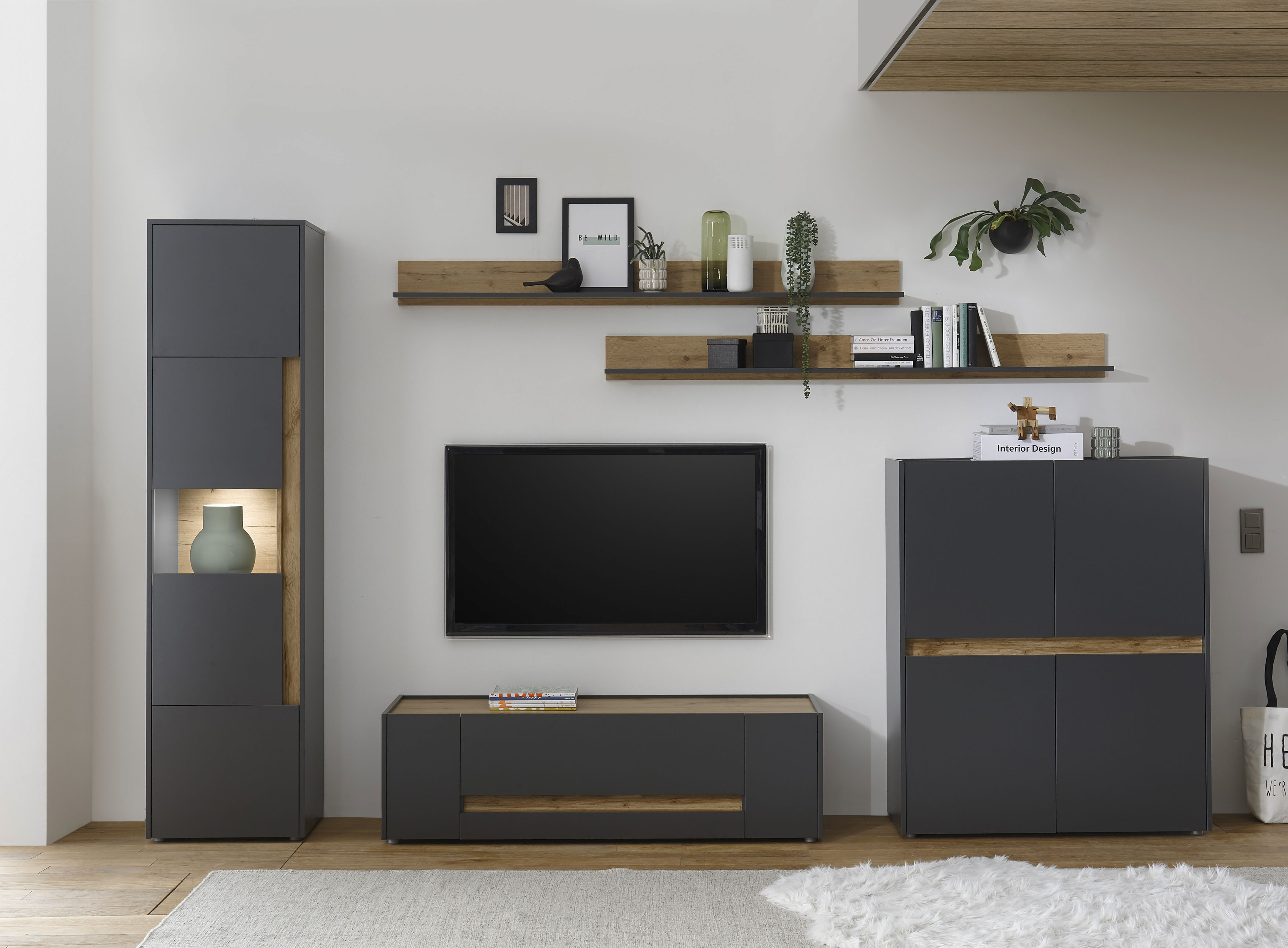 Wohnwand INOSIGN "City/Giron", grau (anthrazit), B:350cm H:197cm T:45cm, Kastenmöbel-Sets, Wohnwand