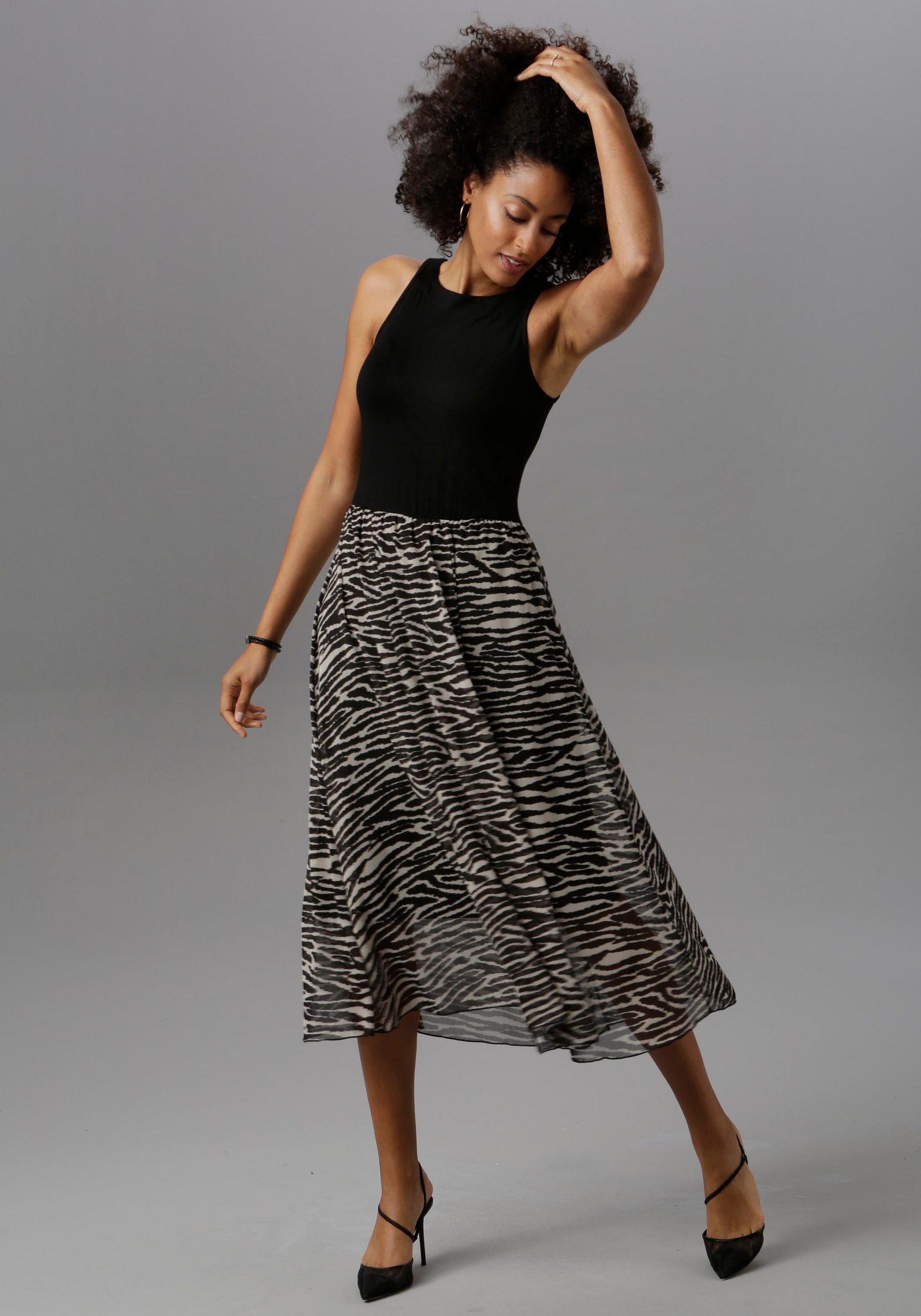 Partykleid ANISTON SELECTED, Damen, Gr. 48, N-Gr, schwarz (schwarz, sand), Jersey, Obermaterial: 95% Viskose, 5% Elasthan. Futter: 95% Viskose, 5% Elasthan. Rock: 100% Polyester, animal-print, gemustert, festlich, figurbetont wadenlang, Rundhals,... Image