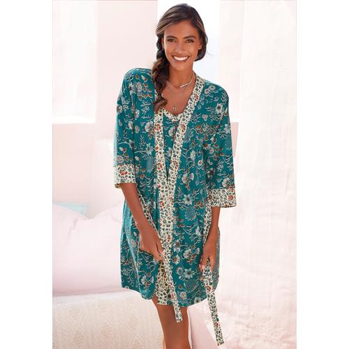 Kimono LASCANA Gr. 32/34, bunt (rauchblau, ecru) Damen Bademäntel Morgenmäntel mit Blumen Allover-Druck