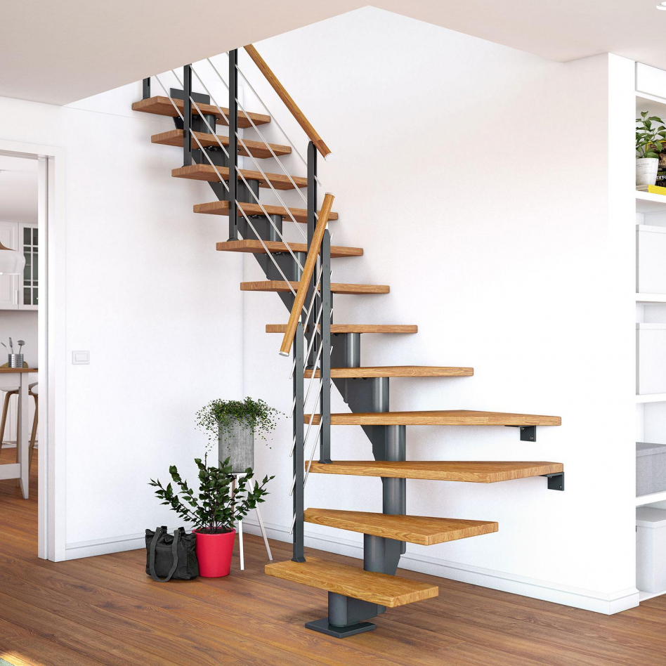 DOLLE Mittelholmtreppe Hamburg, inkl. einseitigem Designgeländer, Design (anthrazit), 1/4 gewendelt,259 cm - 301 cm,75 cm,Eiche, geölt Image