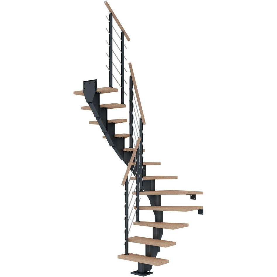 DOLLE Mittelholmtreppe Frankfurt, inkl. einseitigem Designgeländer, Design (anthrazit), 1/2 gewendelt,240 cm - 279 cm,65 cm,Eiche weiß, geölt Image