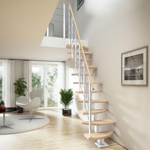 DOLLE Mittelholmtreppe Berlin, inkl. einseitigem Designgeländer, Design (weiß), 222 cm – 270 cm,Eiche, geölt