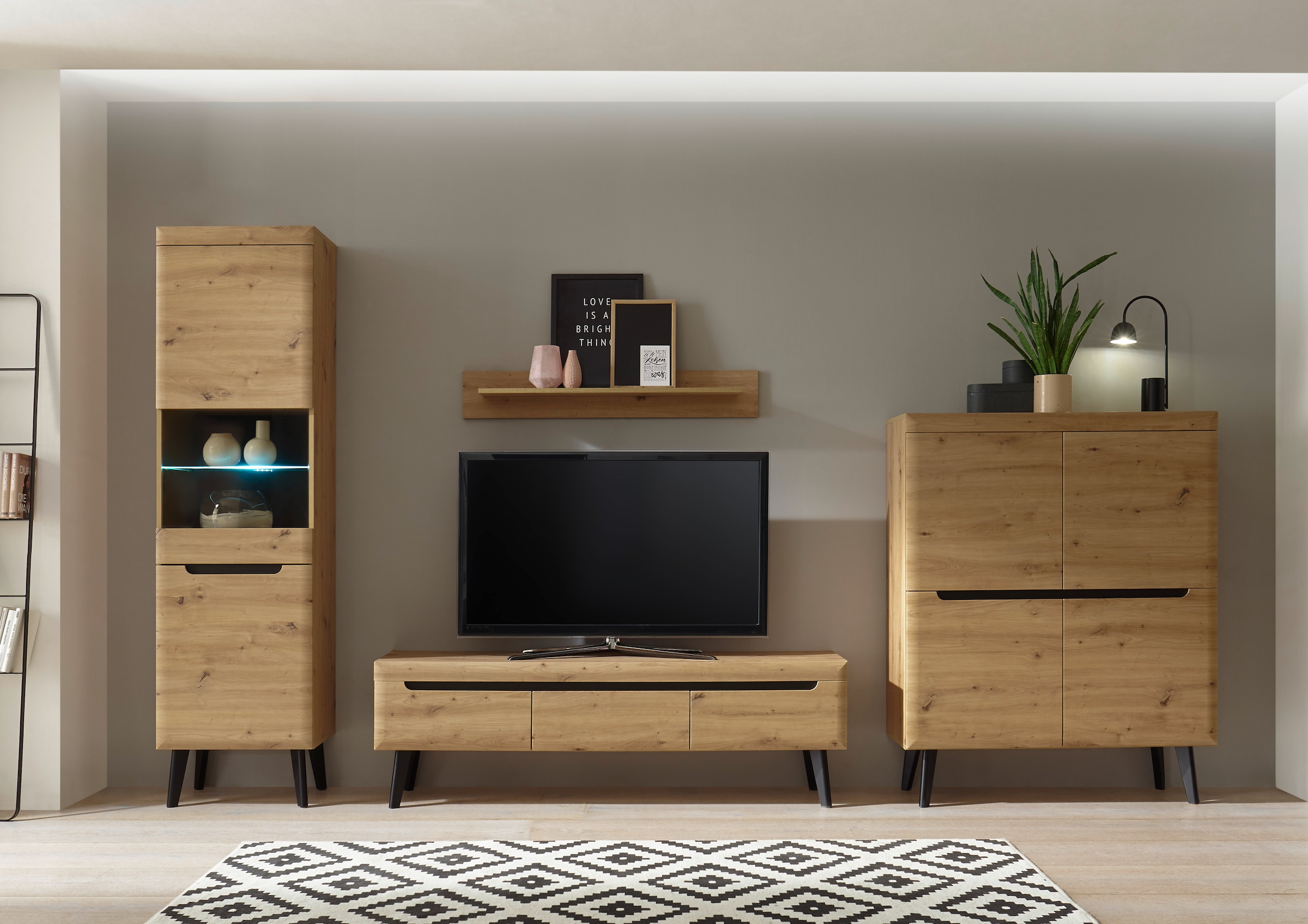 Wohnwand INOSIGN "Torge, Anbauwand, Schrankwand, Mediawand, Wohnzimmer-Set", beige (eiche artisan dekor, eiche artisan dekor, applikationen schwarz), B/H/T: 361cmcm, Kastenmöbel-Sets, Wohnwand