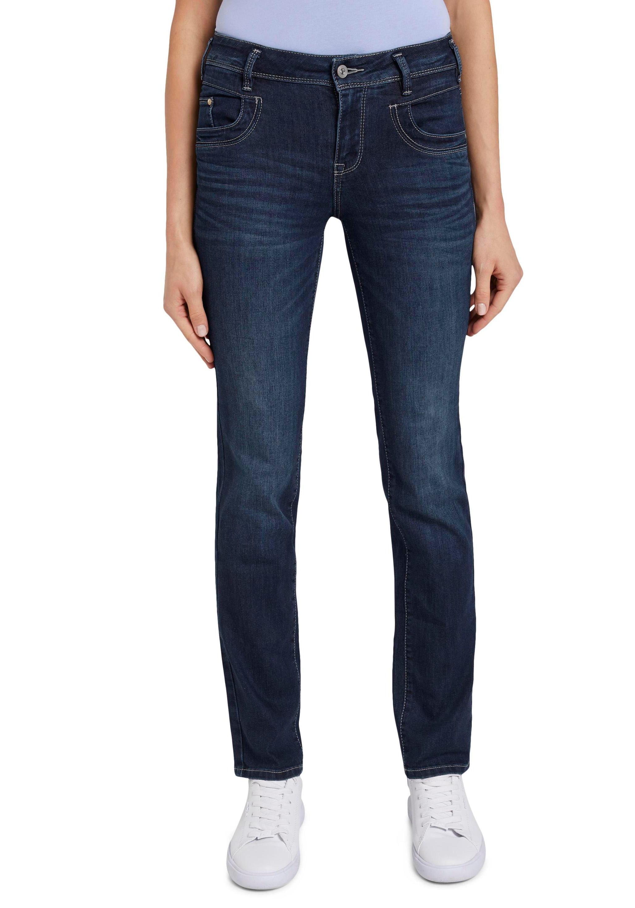 Gerade Jeans TOM TAILOR "Alexa Straight", Damen, Gr. 29, Länge 30, blau (schwarz stone washed), Denim/Jeans, Obermaterial: 69% Baumwolle, 20% Polyester, 9% Viskose, 2% Elasthan, bequem lang, Jeans, mit Kontrastnähten, Topseller