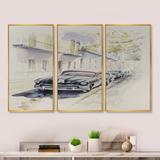 Williston Forge Black Retro Car In Old Europe Street - Industrial Framed Canvas Wall Art Set Of 3 Canvas, in White | 28 H x 36 W x 1 D in | Wayfair