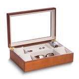 Curata Matte Cherry Finish Glass Lid Velour Lined Wooden 4-Watch and Accessory Case