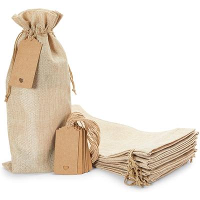 Burlap Wine Gift Bags with Drawstrings and Tags (6.4 x 14.5 in, 12 Pack)