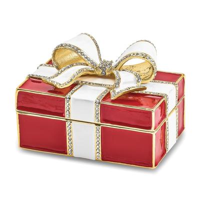 Curata Pewter Crystals Gold-Tone Red Enamel Gift Box W/Ring Pad Trinket Box Organizer - 2.25x3x3.5"