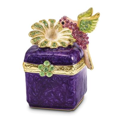 Curata Pewter Crystals Gold-Tone Enameled Harlow Purple Box/Flower/Hummingbird Trinket Box on 18 Inch Necklace