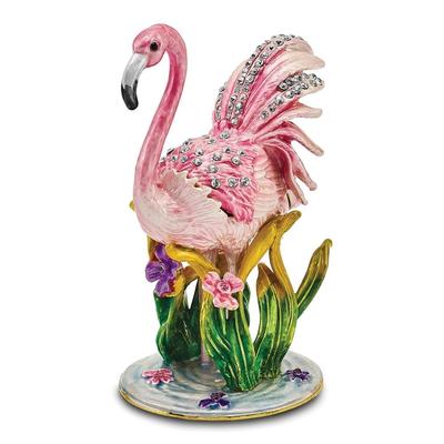 Curata Pewter Bejeweled Crystals Gold-Tone Enameled Jezebel Pink Flamingo Trinket Box on 18 Inch Necklace