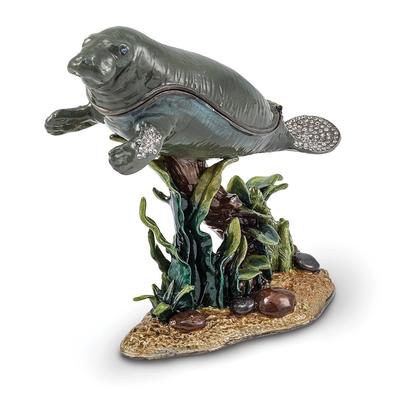 Curata Pewter Crystals Pewter-Tone Enameled Manny Manatee W/Seaweed Trinket Box on 18 Inch Necklace