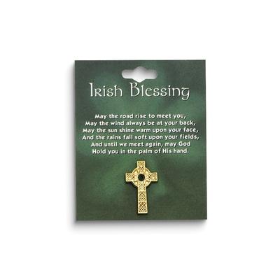 Curata Gold-Tone Celtic Cross Irish Blessing with Green Stone Lapel Pin