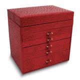 Curata Red Ostrich Texture Leather Mirror Ultra-Suede Lined 5-Drawer Jewelry Chest Removable Travel Case
