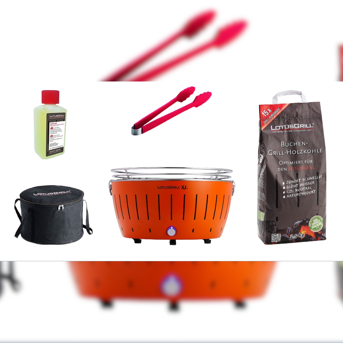 LotusGrill XL Starter-Set 1x XL Grill Mandarinenorange mit USB-Anschluß, 1x Buchenholzkohle 2,5 kg, 1x Brennpaste 200ml, 1x Würstchenzange, 1x Transpo Image