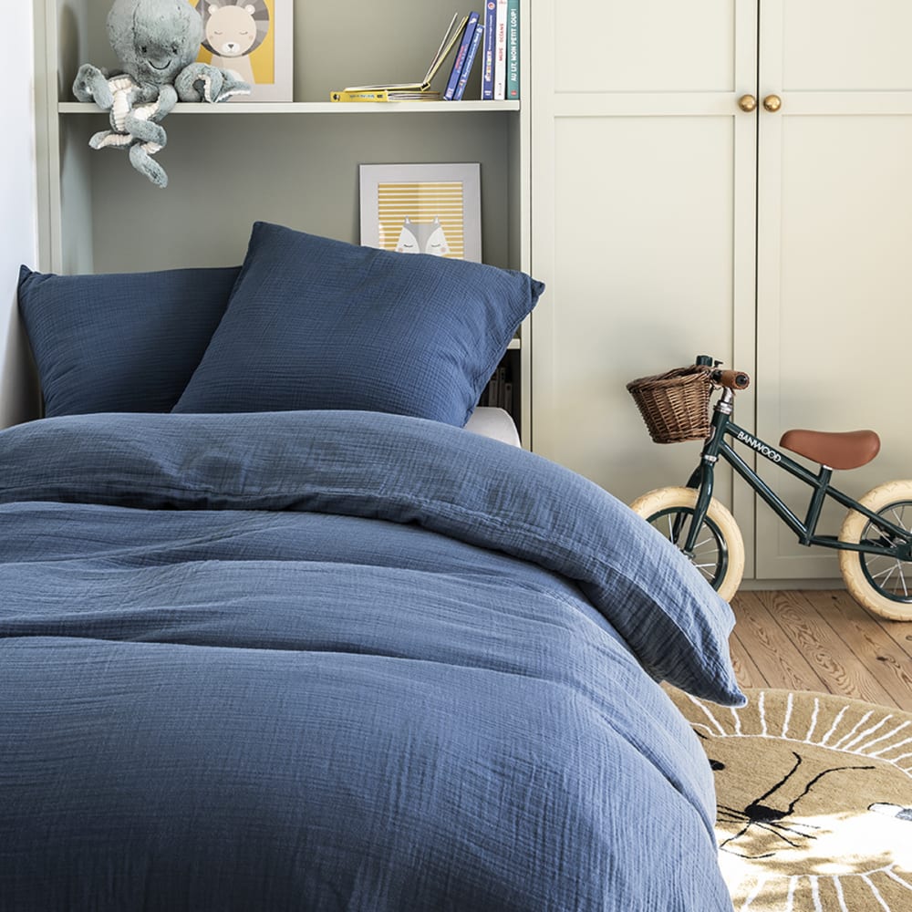 Housse de couette unie en gaze de coton bleu 140x200