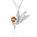 AMBEDORA Women's Necklace Elf with Amber Ball, Polished Sterling Silver, Baltic Amber in Cognac Colour, Silver Pendant with Chain