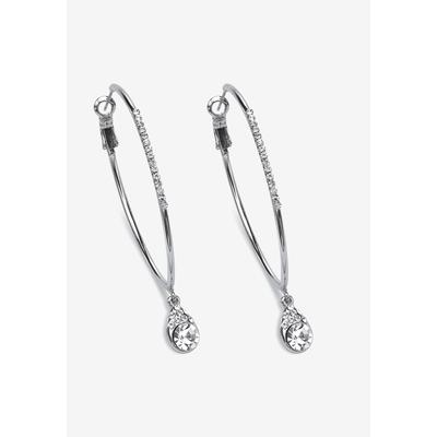 Women's Silvertone Teardrop Hoop Earrings (64Mm) Round Crystal Jewelry by PalmBeach Jewelry in Crystal