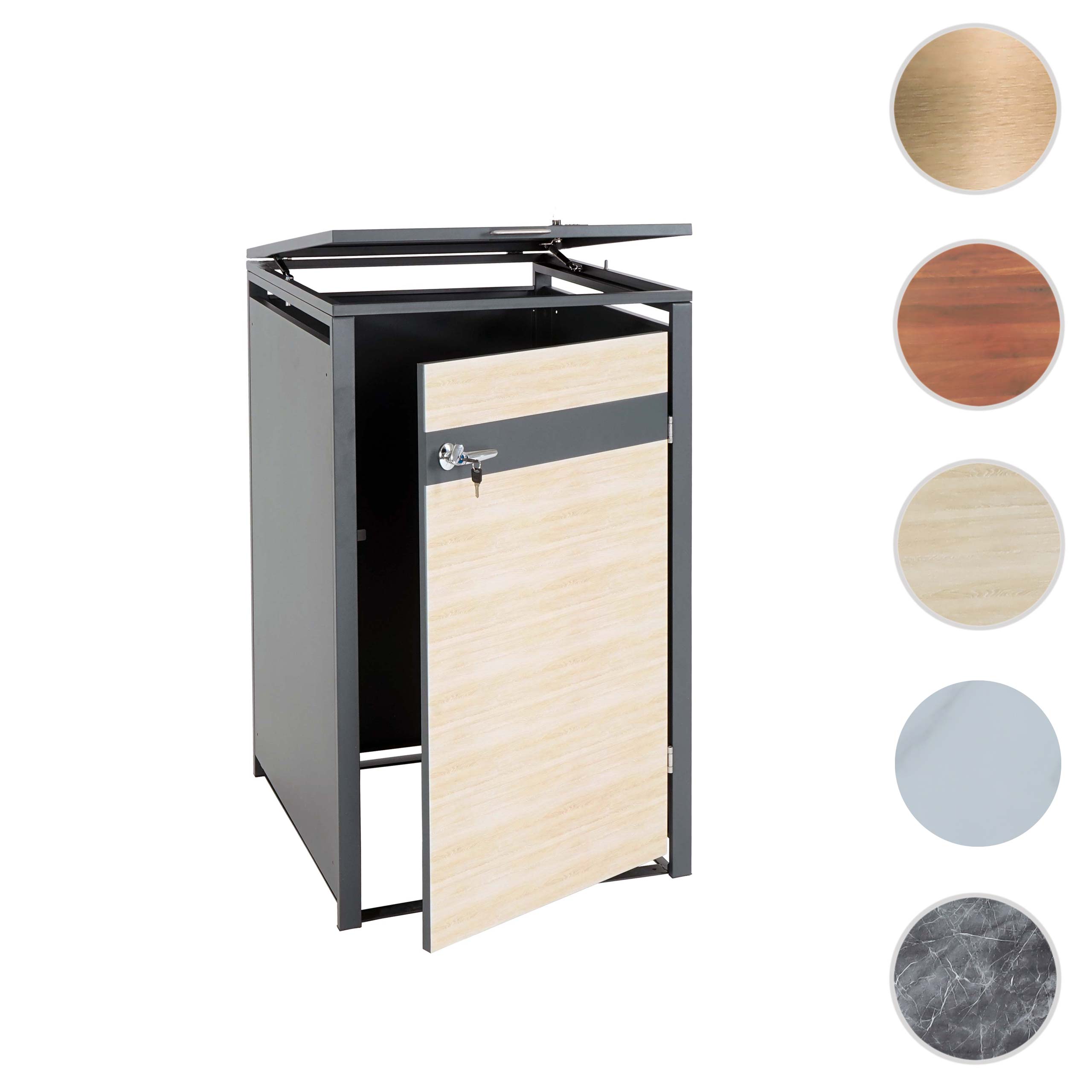 1er Mülltonnenverkleidung HWC-J82, Mülltonnenbox, erweiterbar, Metall 32kg, anthrazit ~ Buche-Holzoptik hellbraun Image