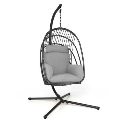 Costway Hanging Folding Egg Chair with Stand Soft Cushion Pillow Swing Hammock-Gray