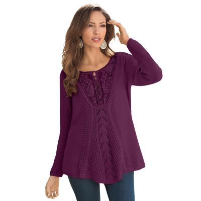 Plus Size Women's Lace Yoke Pullover by Roaman's in Dark Berry (Size S) Sweater