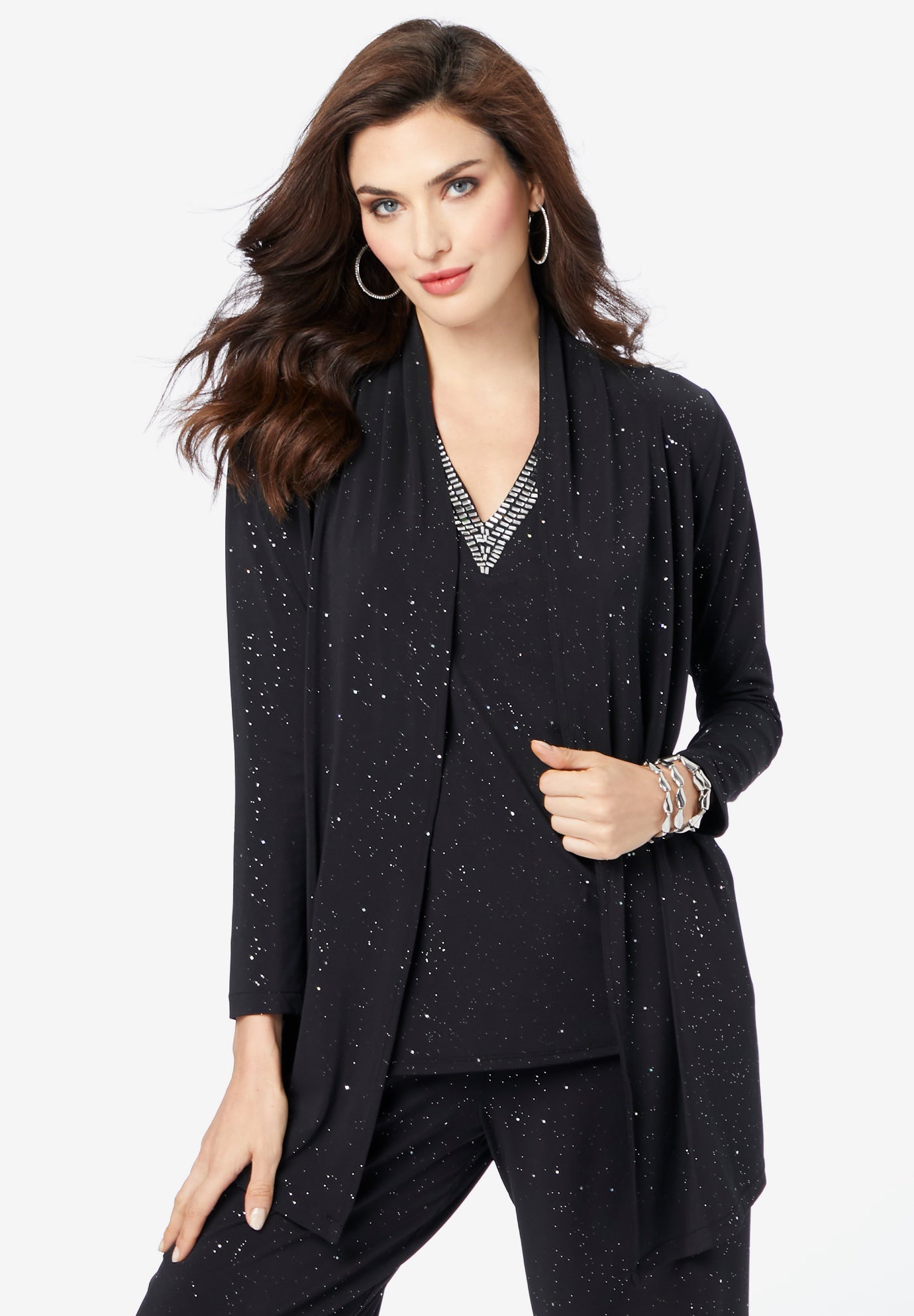 Plus Size Women's Ultrasmooth® Fabric Long Sleeve Cardigan by Roaman's in Black Sparkle (Size 18/20) Stretch Jersey Topper