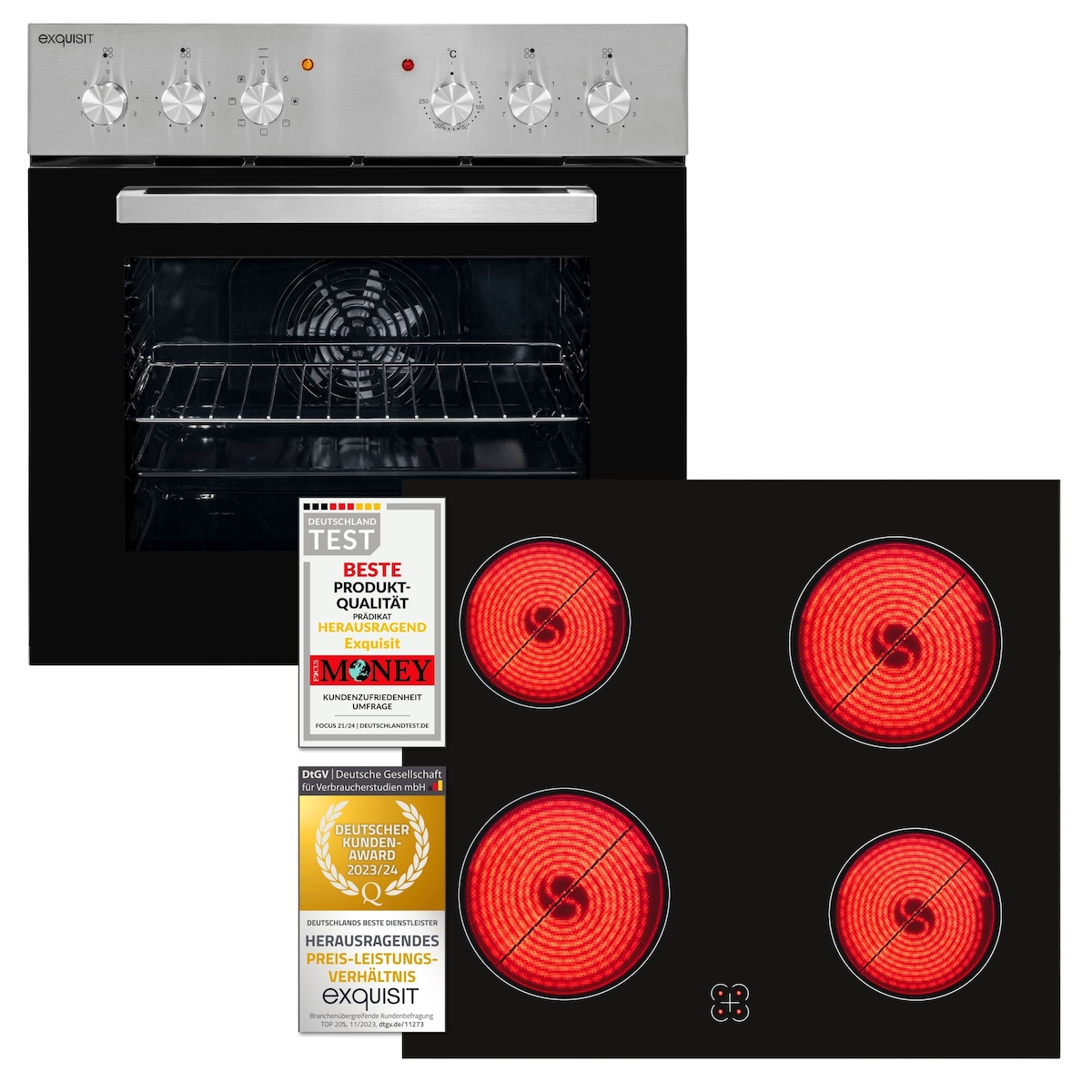 Exquisit Einbauherd-Set EHE156-2.1U-Set | 59 l Garraumvolumen | 7 Backofenprogramme | 4 Kochzonen | Energieklasse A | Restwärmeanzeige Image