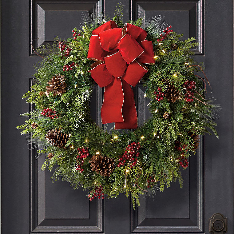 48" Pre-Lit Christmas Wreath - Christmas Cheer Wreath with Bow - Frontgate - Outdoor Christmas Decorations