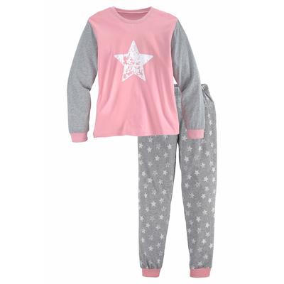 Pyjama VIVANCE, Kinder, Gr. 122/128, grau (rosa, grau, meliert), Jersey, Obermaterial: 100% Baumwolle, bedruckt, Basic, lässig geschnitten lang, Rundhals, Langarm angesetztes Bündchen kontrastfarben, Homewear-Sets, Schlafanzug in langer Form mit... Image