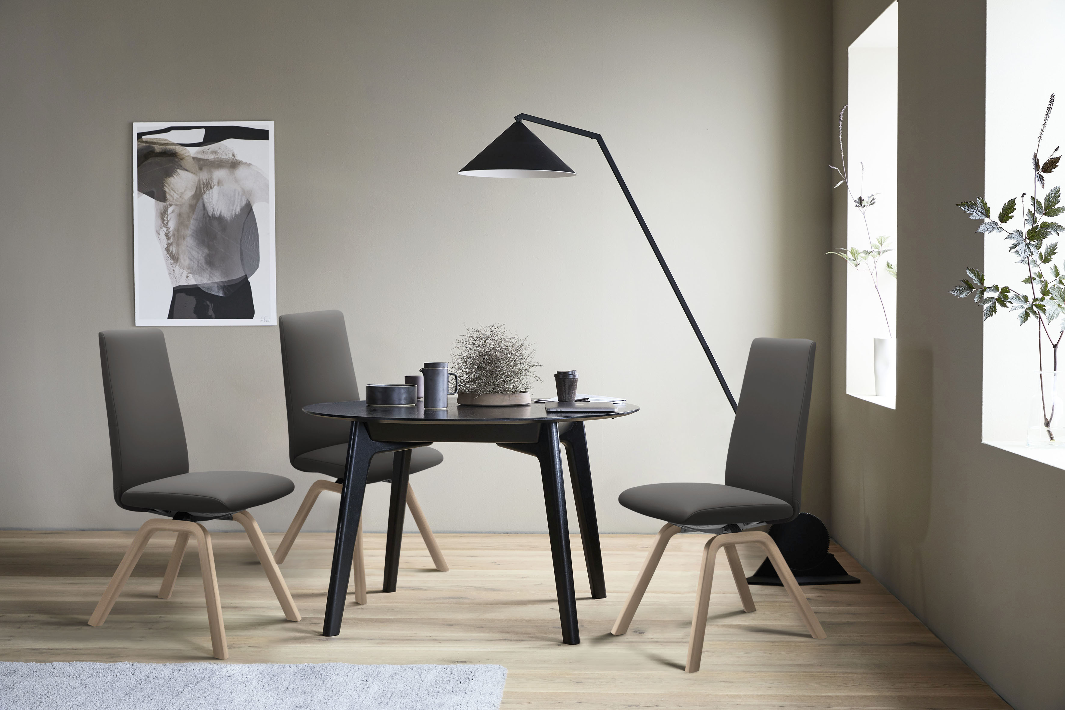 Polsterstuhl STRESSLESS "Laurel", grau (rock paloma, eiche gekalkt), B:49cm H:105cm T:60cm, Leder PALOMA: PALOMA ist ein durchgefärbtes Semianilin-Möbelleder mit natürlicher Narbung., Stühle, High Back, Größe M, mit schräggestellten Beinen in Eiche... Image