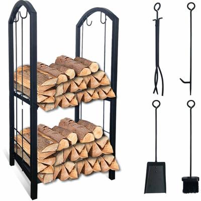 Kaminholzregal mit 4 Kaminbesteck, Metall Brennholzregal für Innen und Ausse, 2 Ablagen, Schwarz, Image