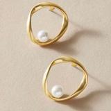 Anthropologie Jewelry | Last Pair! Gold Hoop Minimalist Pearl Studs Huggies | Color: Gold/Silver | Size: Os