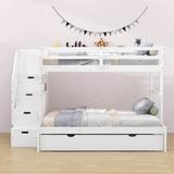 Harriet Bee Elitha Twin over Twin/Full Wood Bunk Bed w/ Trundle w/ Drawers in White | 62 H x 57 W x 98 D in | Wayfair