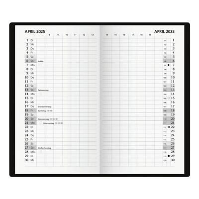 Taschenkalender 2025 schwarz, Glocken, 8.7x15.3x0.4 cm