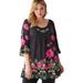 Plus Size Women's Ruffle Three Quarter Sleeve Tunic by Soft Focus in Black Multi Flower Embroidery (Size 14 W)