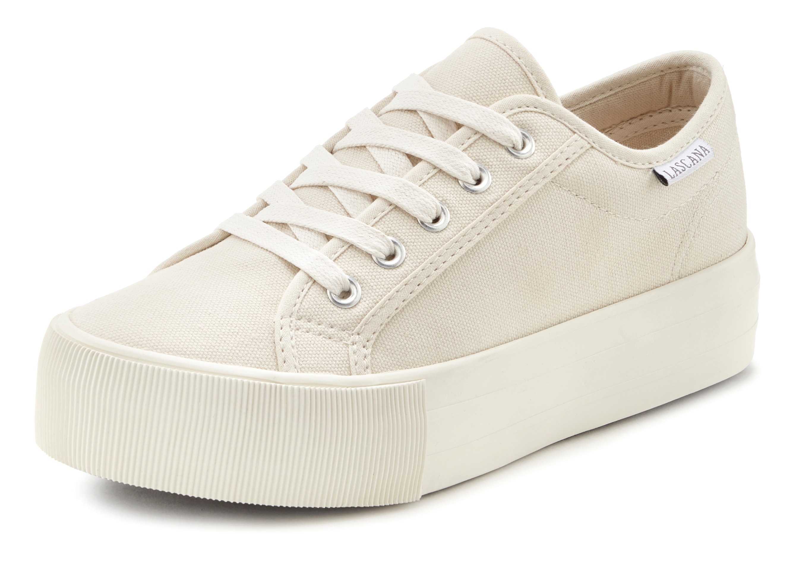 Sneaker LASCANA, Damen, Gr. 36, beige, Obermaterial: 100% Textilmaterial. Futter: 100% Textilmaterial. Decksohle: 100% Textilmaterial. Laufsohle: 100% Synthetik, unifarben, Casual, Schuhe Plateausneaker, Schnürhalbschuh, Freizeitschuh aus Textil mit...