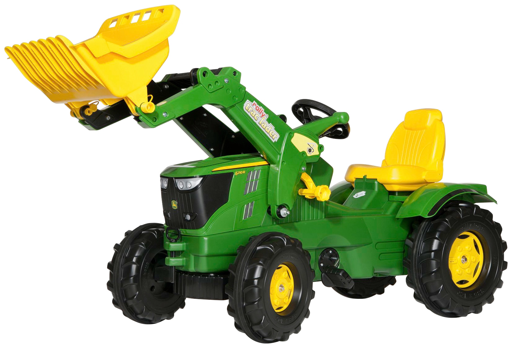 Tretfahrzeug ROLLY TOYS "John Deere 6210R", grün, Tretfahrzeuge, KinderB:53cm H:81cm T:142cm, Kunststoff, Kindertraktor mit Lader, B:53cm H:81cm T:142cm