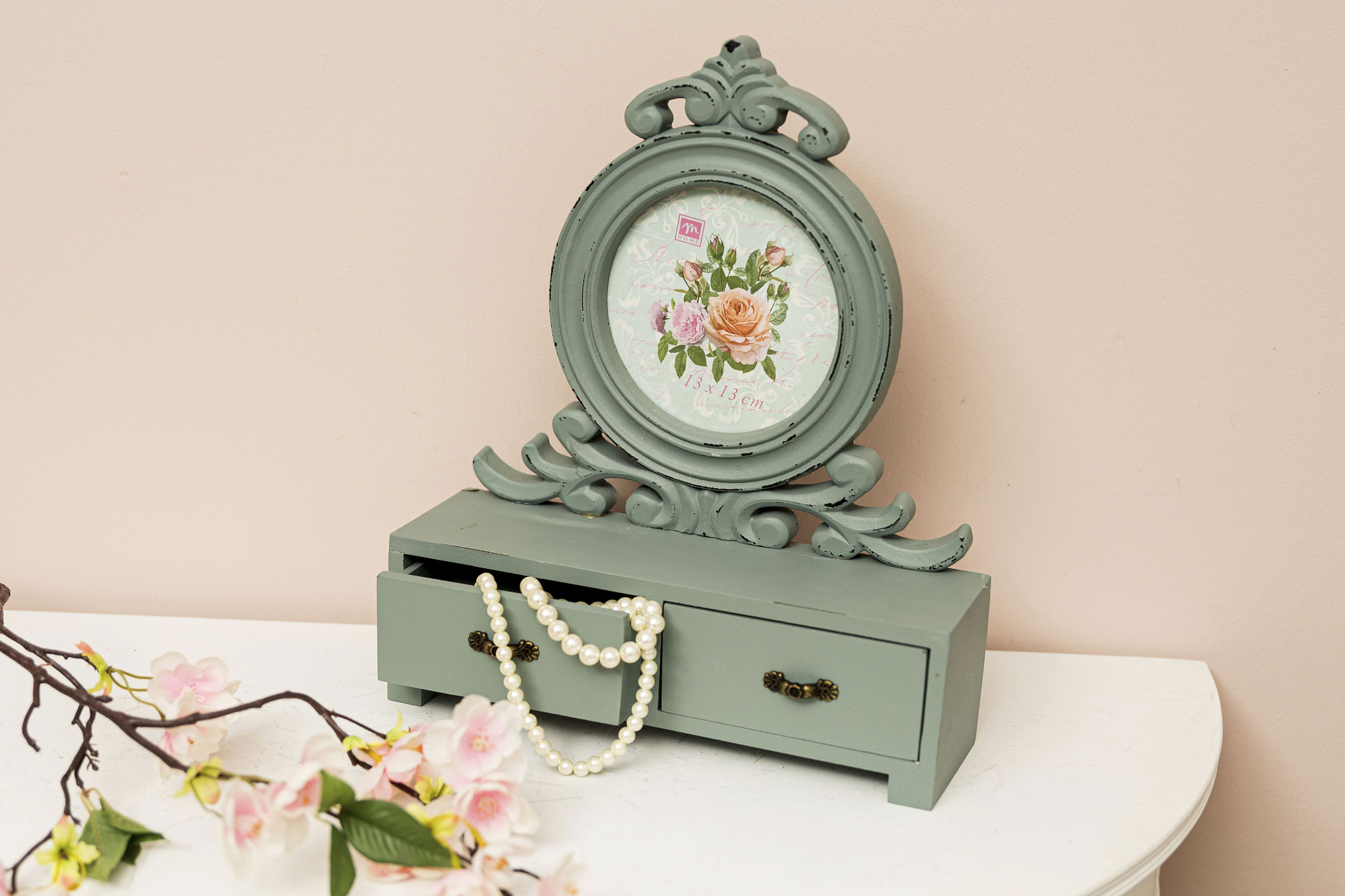 Bilderrahmen "Senja, grün", grün, B:30cm H:10cm T:37cm, MDF, MYFLAIR MÖBEL & ACCESSOIRES, Bilderrahmen, Bilderrahmen, mit 2 Schubladen, ideal auch als Schmuckkasten, Shabby Optik