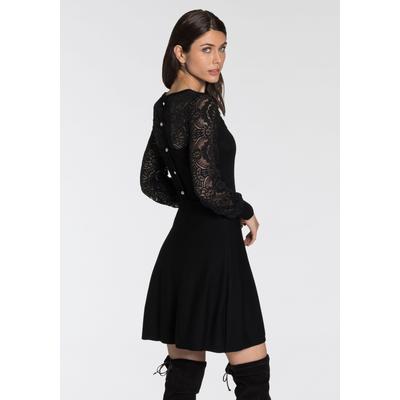 Strickkleid MELROSE, Damen, Gr. 38, N-Gr, schwarz, Feinstrick, Spitze, Obermaterial: 70% Viskose, 30% Polyamid. Spitze: 90% Polyamid, 10% Elasthan, unifarben, gemustert, feminin, tailliert kurz, Rundhals, Langarm Rippstrickbündchen, Kleider, für... Image