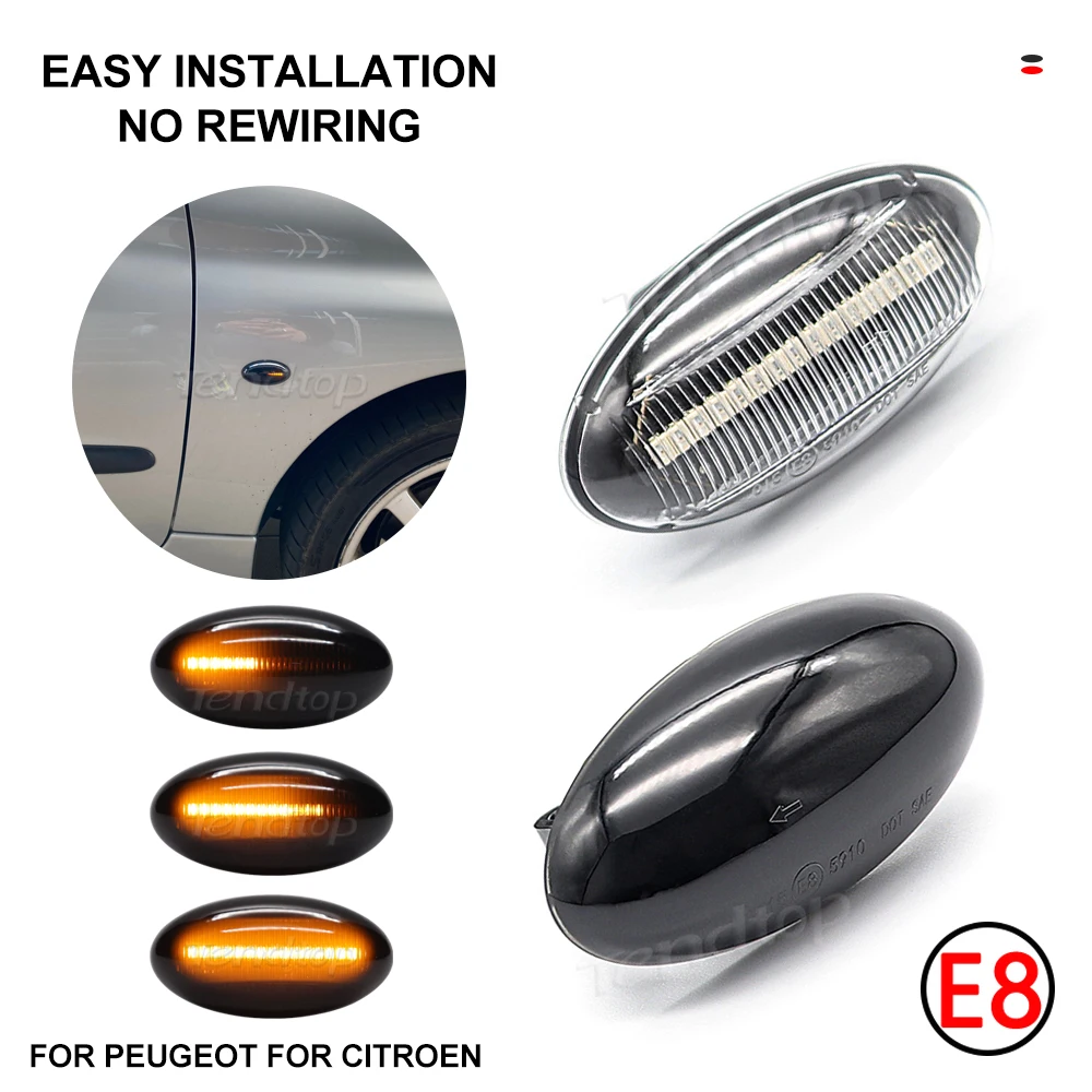 2 pièces dynamique ambre LED clignotant clignotant côté marqueur lampe pour Peugeot 307 206 407 107 607 1007 4007 citroën C1 C2 C3 C5
