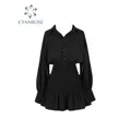 Robe chemise gothique noire pour femme style français vintage rétro manches longues