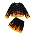 Ensembles de chemises en coton à motif de flamme pour filles haut à manches longues jupe au genou