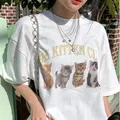 Sunfiz-T-Shirt à Manches Courtes en Coton Blanc pour Femme Streetwear Kawaii The Kitten Club