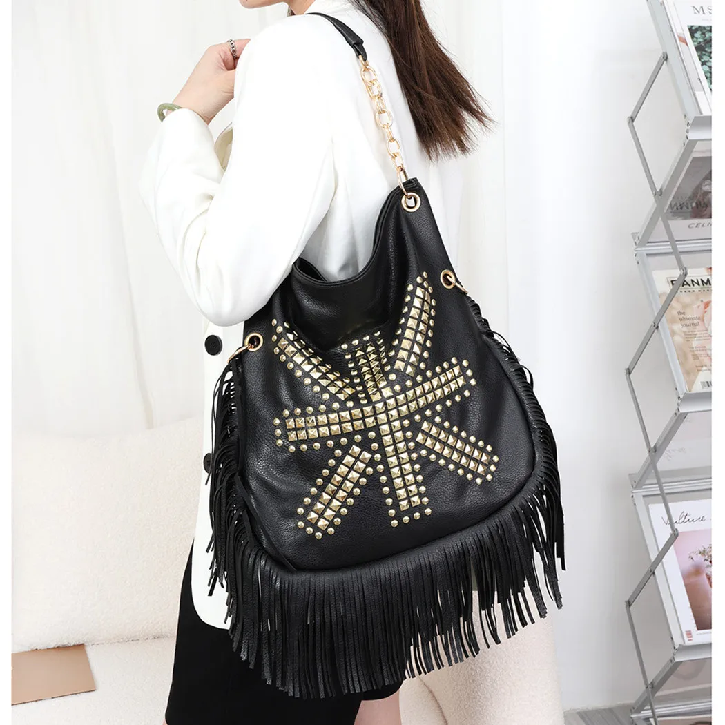 Sacs à bandoulière à rivets pour femmes, sacs à main de grande capacité pour dames, sacs de messager féminins à long pompon, marque de créateur, mode initiée