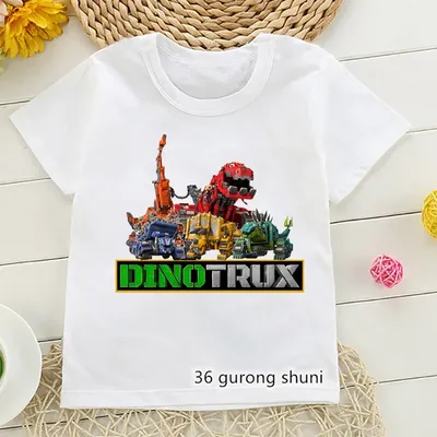 T-shirt blanc imprimé dessin animé Dinotrux pour enfants vêtements Harajuku pour enfants manches