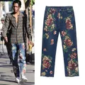 Jeans floraux peints à la main pour hommes pantalons en denim décontractés rétro jeans déFlexHigh