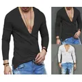 T-Shirt Slim Fit à manches longues pour hommes T-shirt à col en V vierge uni Streetwear en Y