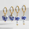 Boucles d'oreilles rondes en porcelaine fleur bleue pour femme coeur perles en céramique cercle