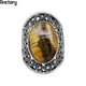 Ovale Naturel Oeil de Tigre Pierre Anneaux Pour Femmes Vintage Fleur Conception Antique Argent