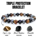 Bracelet en Pierre Naturelle Œil de Tigre Triple Protection Hématite Obsidienne Noire artificiel